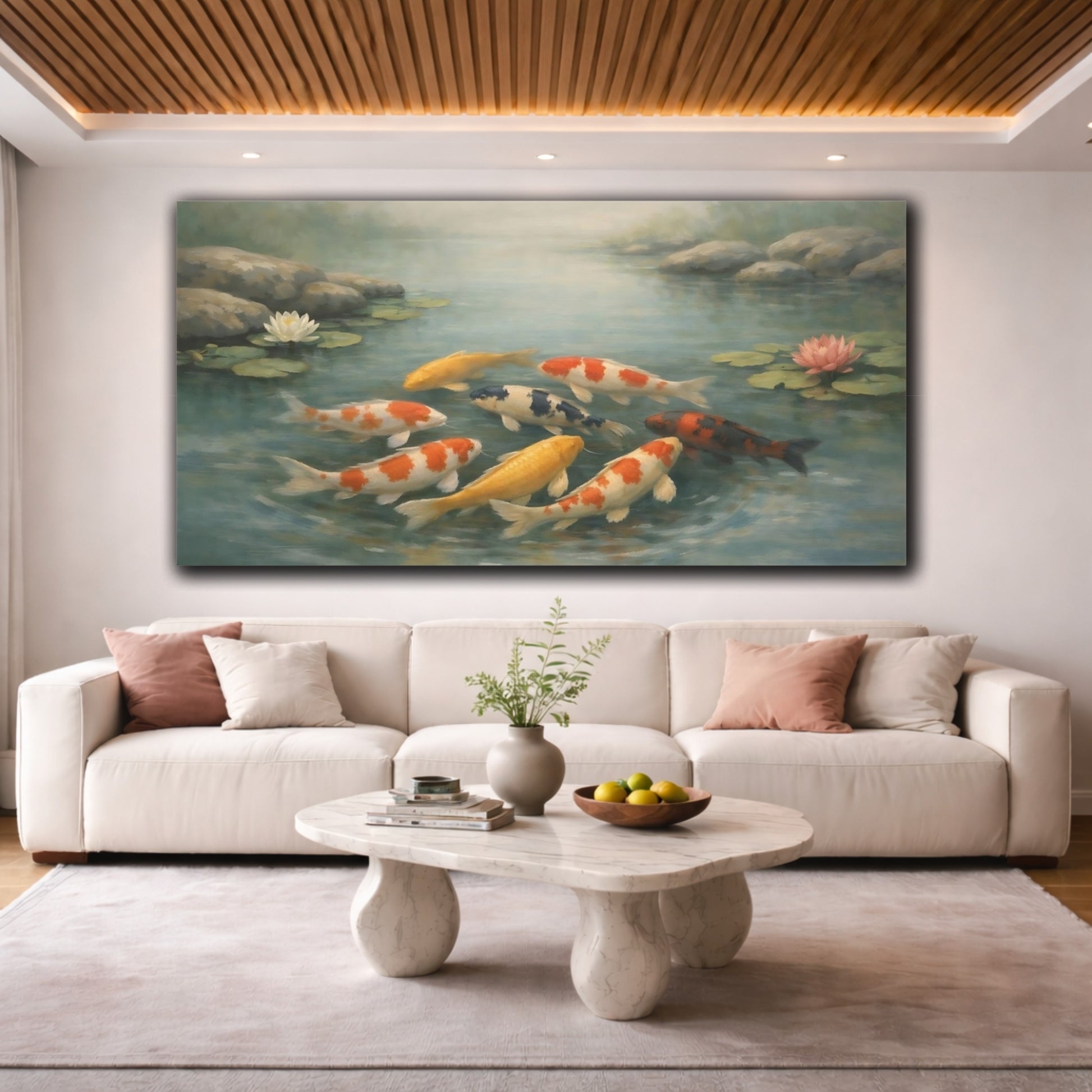 Mockup 3. Nature Koi Fish Colorful Koi Pond shown as stretched canvas wall art