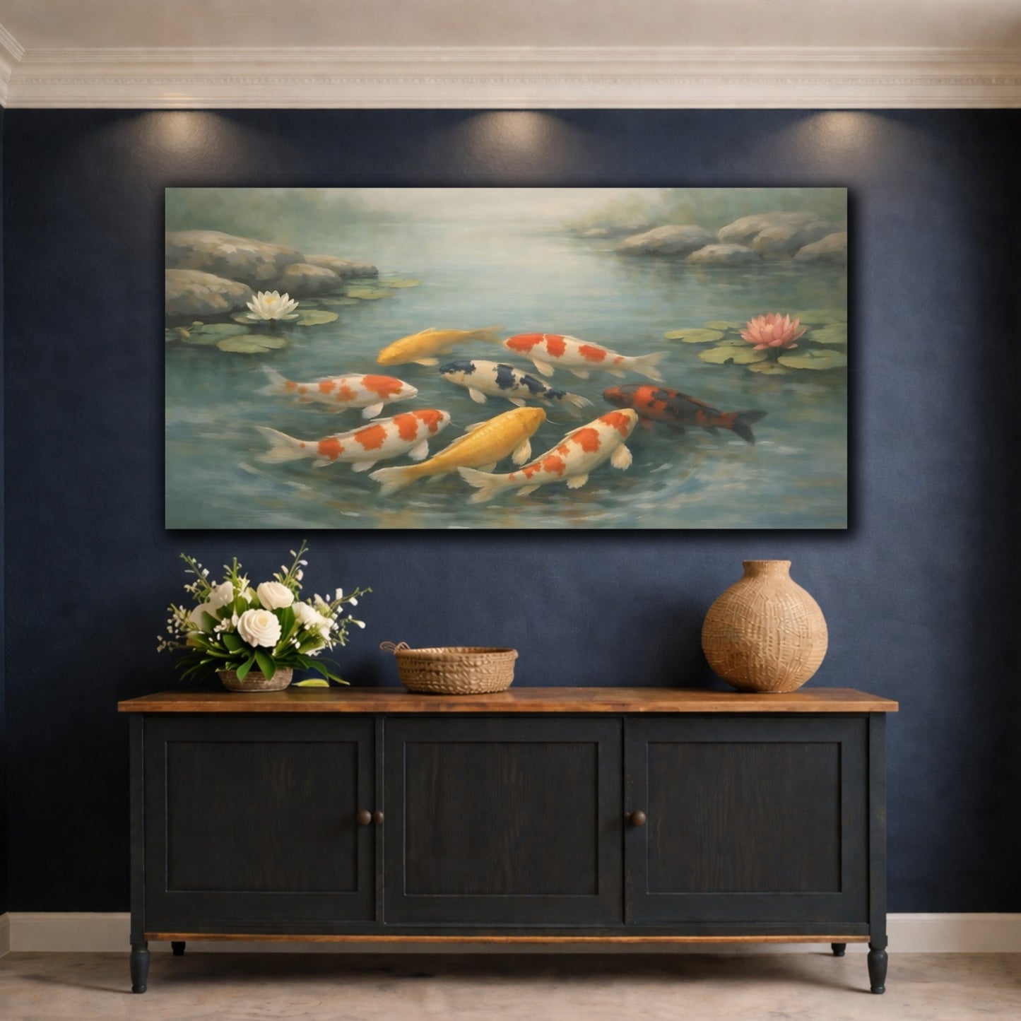 Mockup 4. Nature Koi Fish Colorful Koi Pond shown as stretched canvas wall art