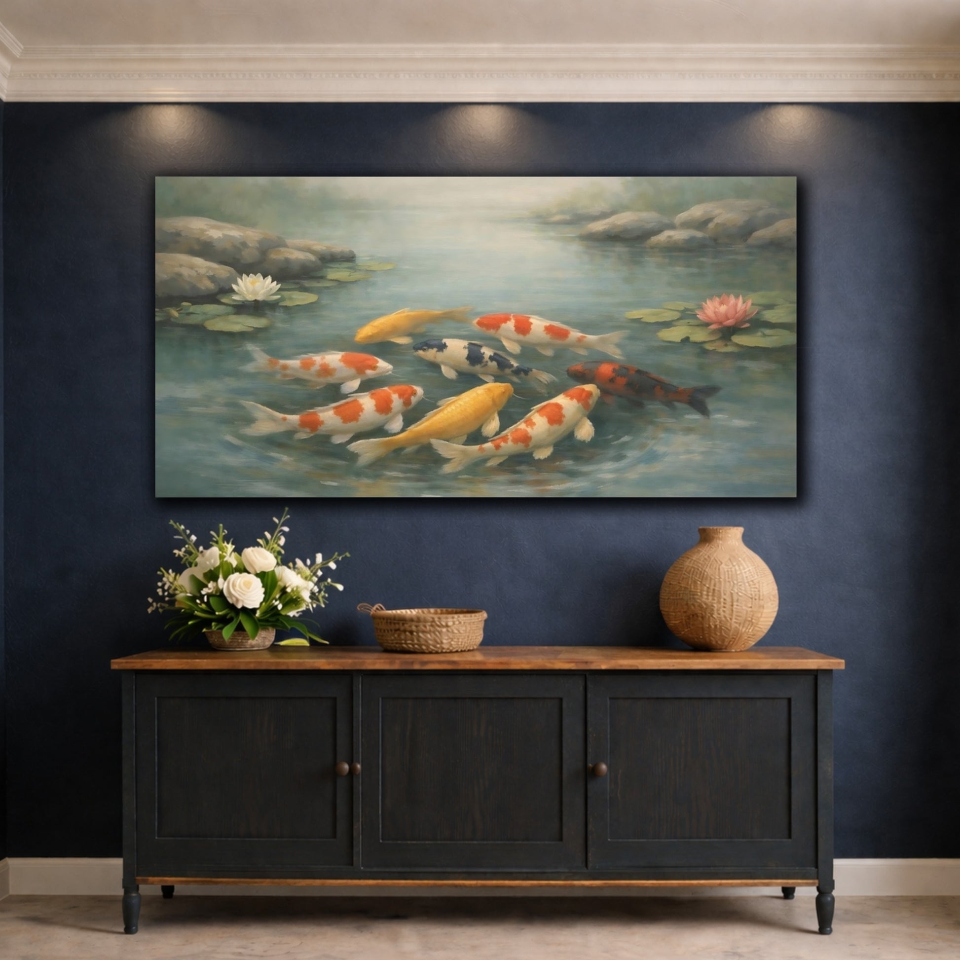 Mockup 4. Nature Koi Fish Colorful Koi Pond shown as stretched canvas wall art