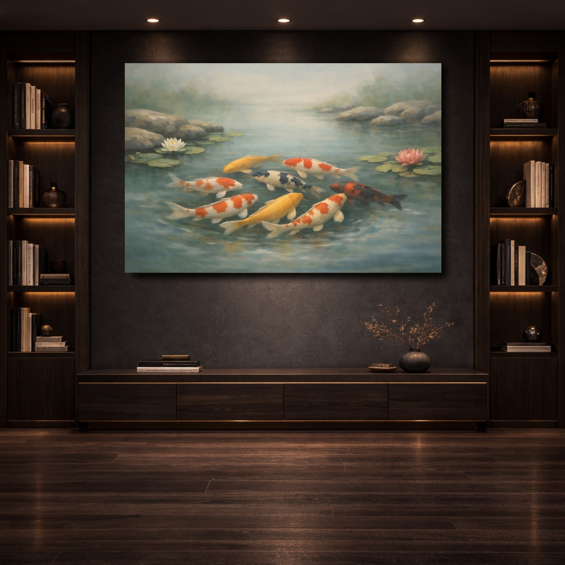 Mockup 3. Nature Koi Fish Colorful Koi shown as stretched canvas wall art