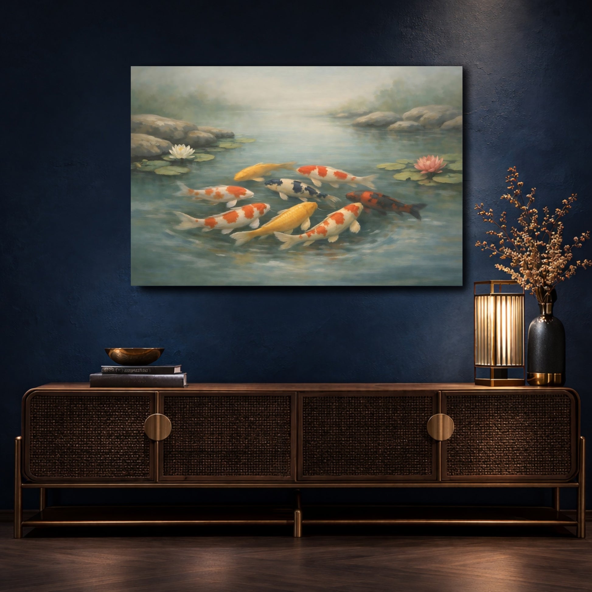 Mockup 4. Nature Koi Fish Colorful Koi shown as stretched canvas wall art