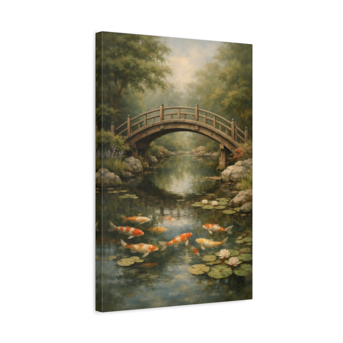 Side Mockup 3. Nature Koi Fish Japanese Garden shown as stretched canvas wall art
