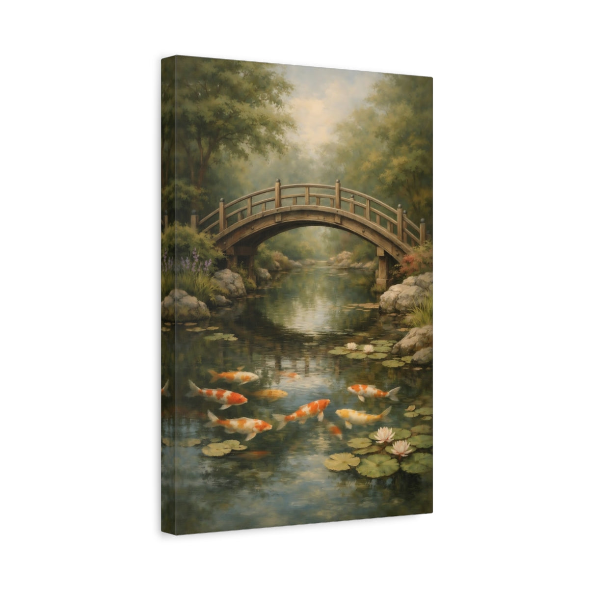 Side Mockup 4. Nature Koi Fish Japanese Garden shown as stretched canvas wall art