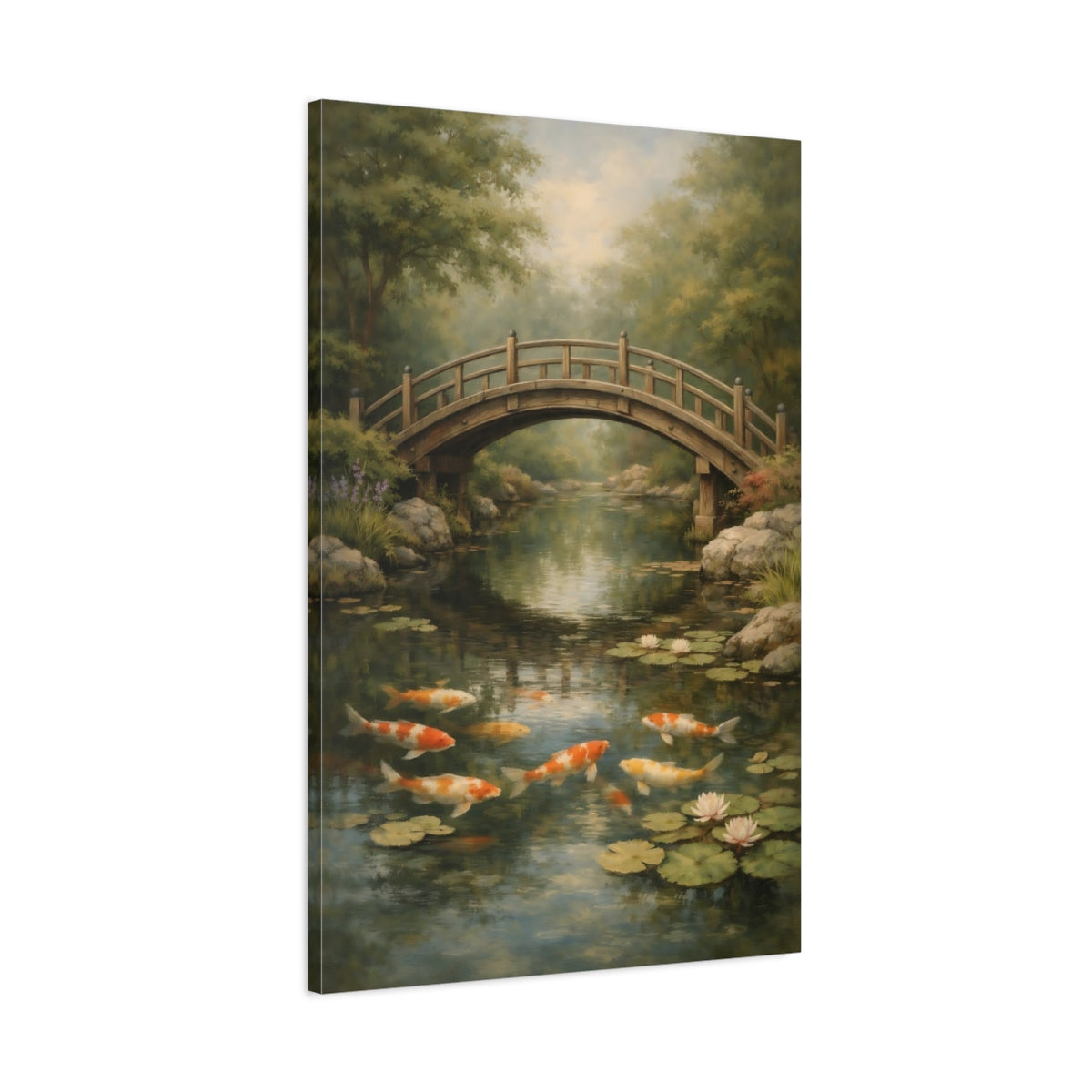 Side Mockup 1. Nature Koi Fish Japanese Garden shown as stretched canvas wall art