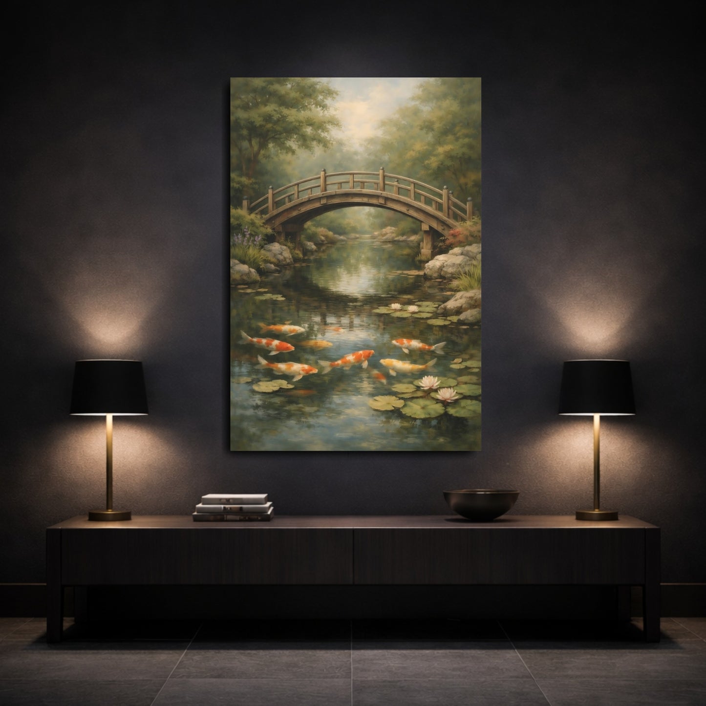 Mockup 2. Nature Koi Fish Japanese Garden shown as stretched canvas wall art