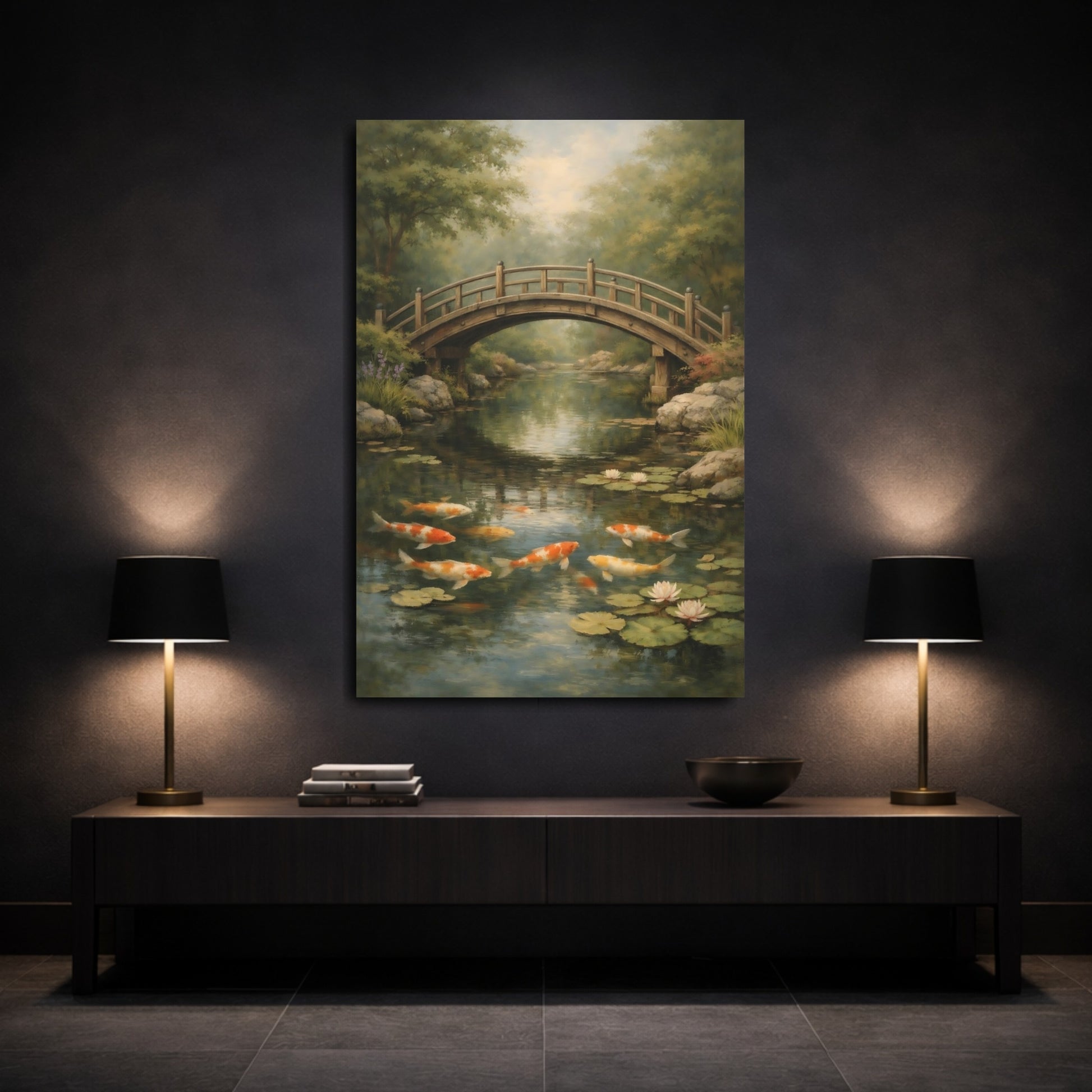 Mockup 2. Nature Koi Fish Japanese Garden shown as stretched canvas wall art