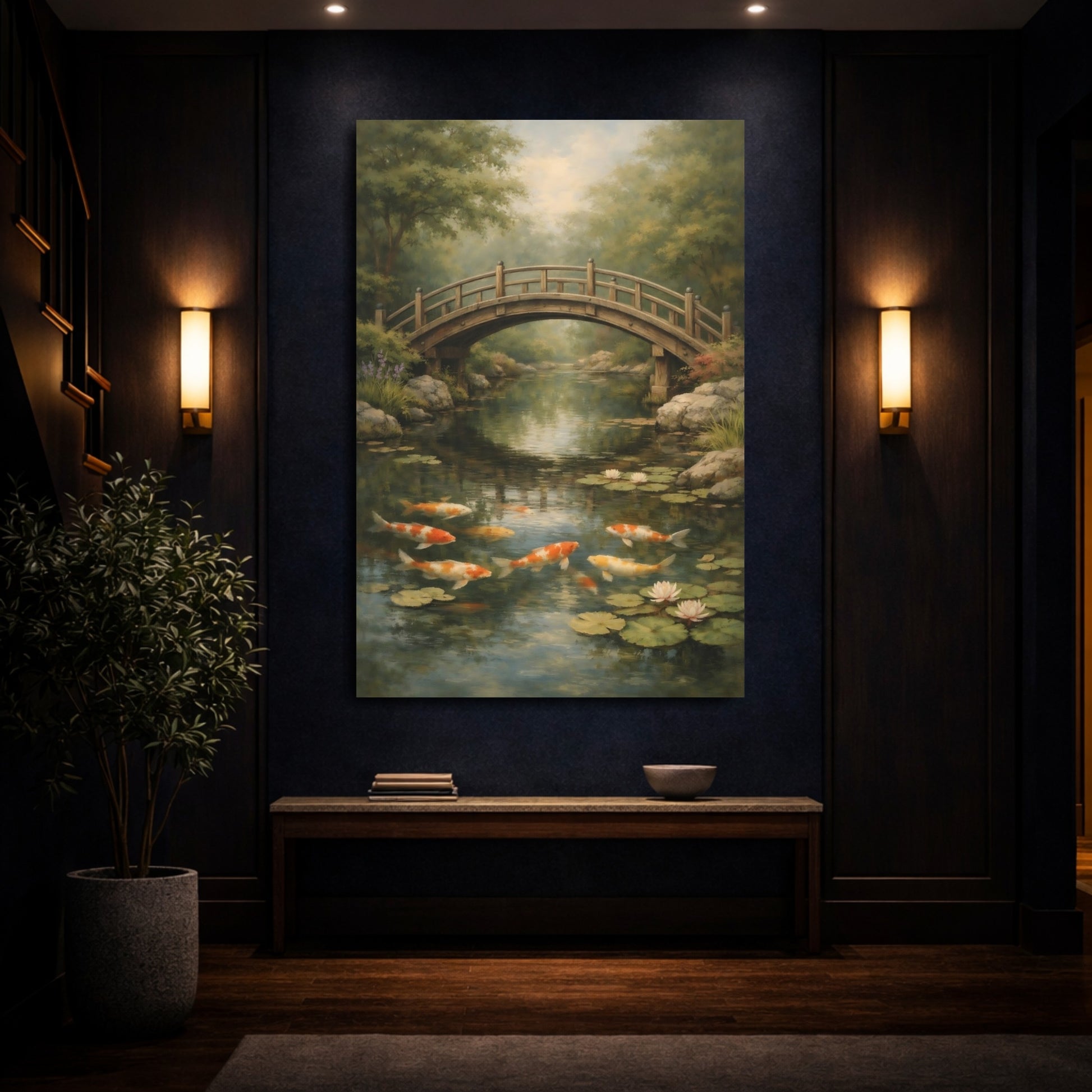 Mockup 3. Nature Koi Fish Japanese Garden shown as stretched canvas wall art