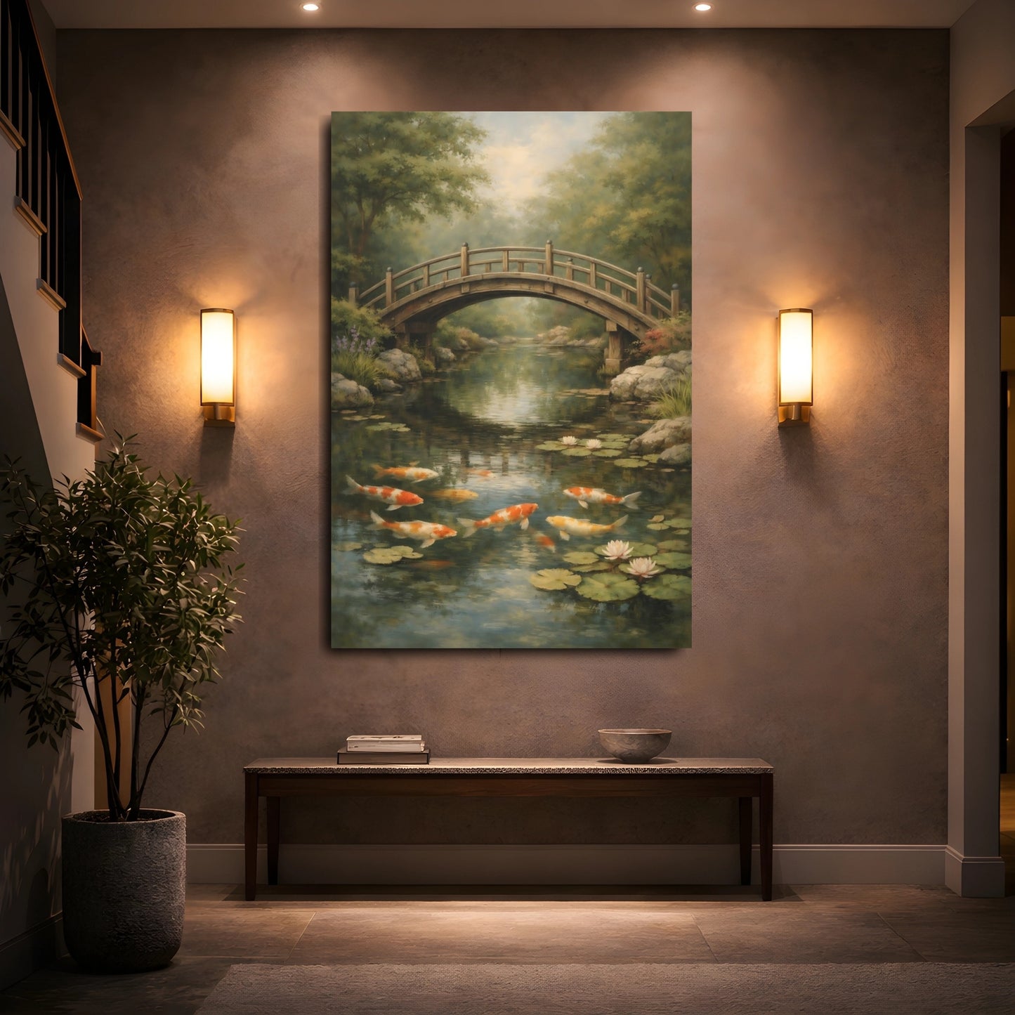 Mockup 4. Nature Koi Fish Japanese Garden shown as stretched canvas wall art
