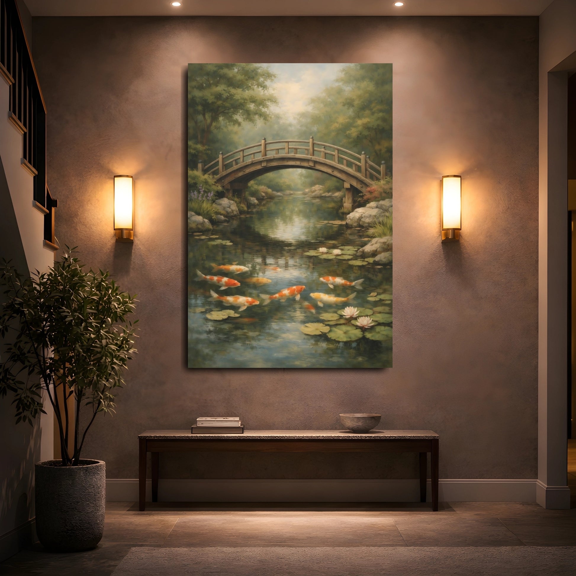 Mockup 4. Nature Koi Fish Japanese Garden shown as stretched canvas wall art