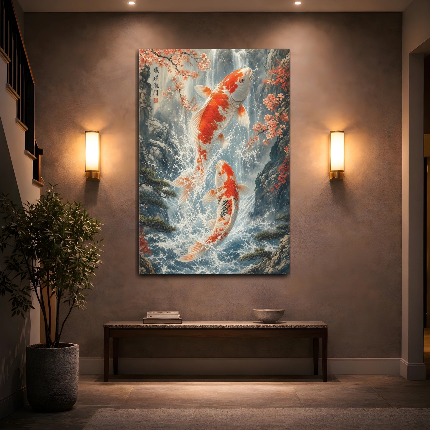 Mockup 2. Nature Koi Fish Orange And Blue Koi shown as stretched canvas wall art