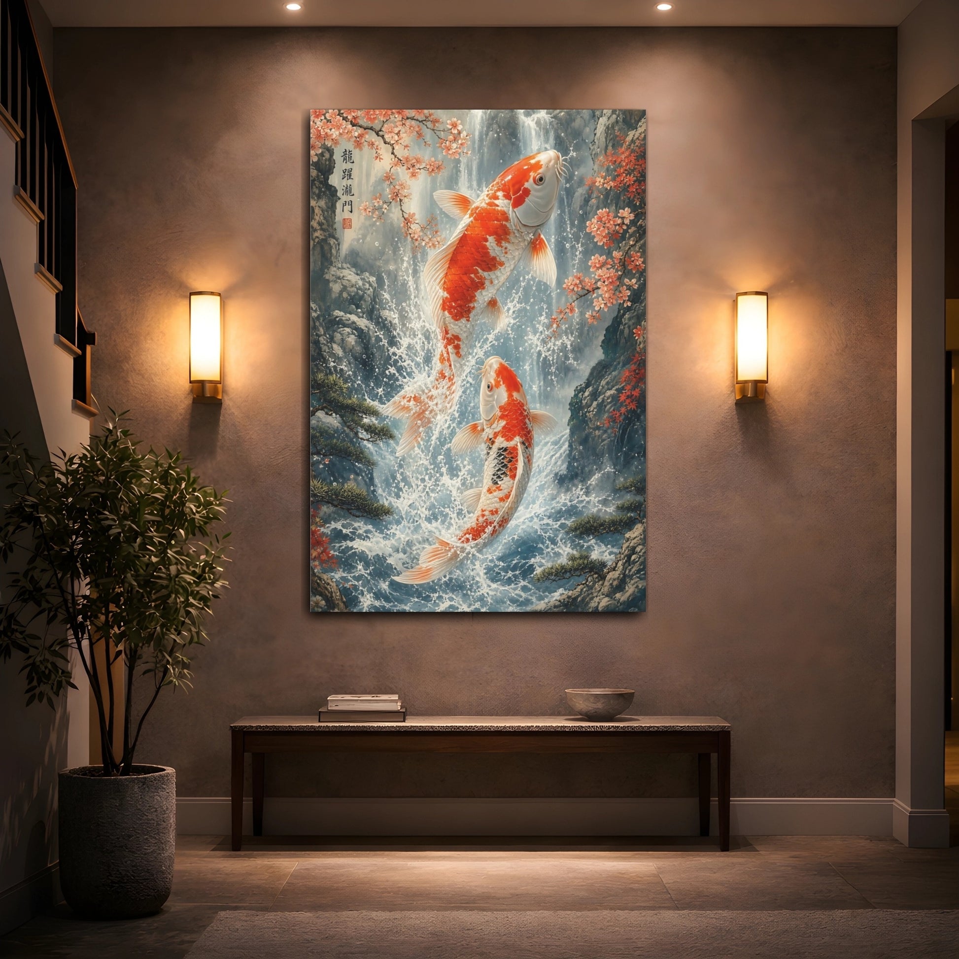 Mockup 2. Nature Koi Fish Orange And Blue Koi shown as stretched canvas wall art
