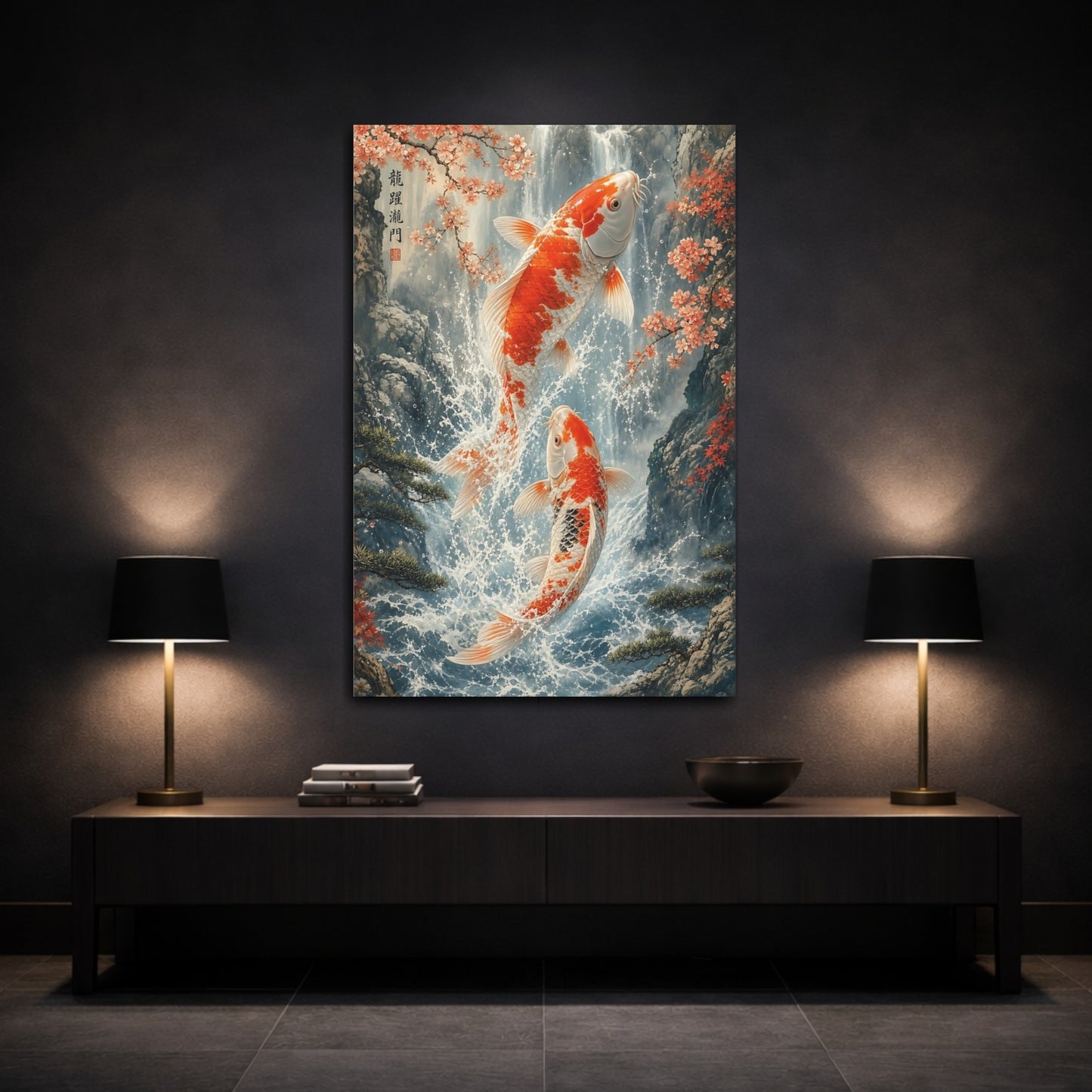 Mockup 3. Nature Koi Fish Orange And Blue Koi shown as stretched canvas wall art