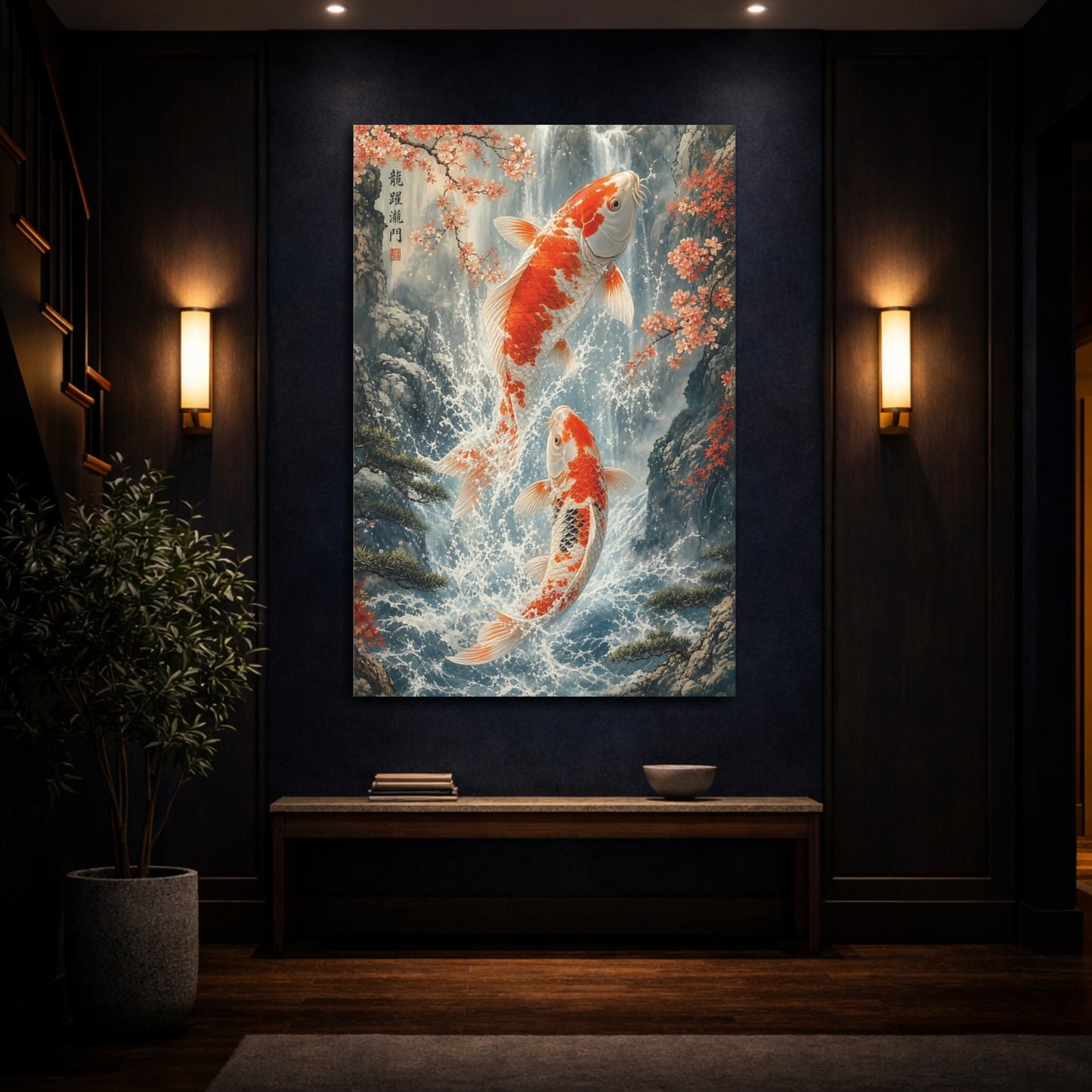 Mockup 4. Nature Koi Fish Orange And Blue Koi shown as stretched canvas wall art