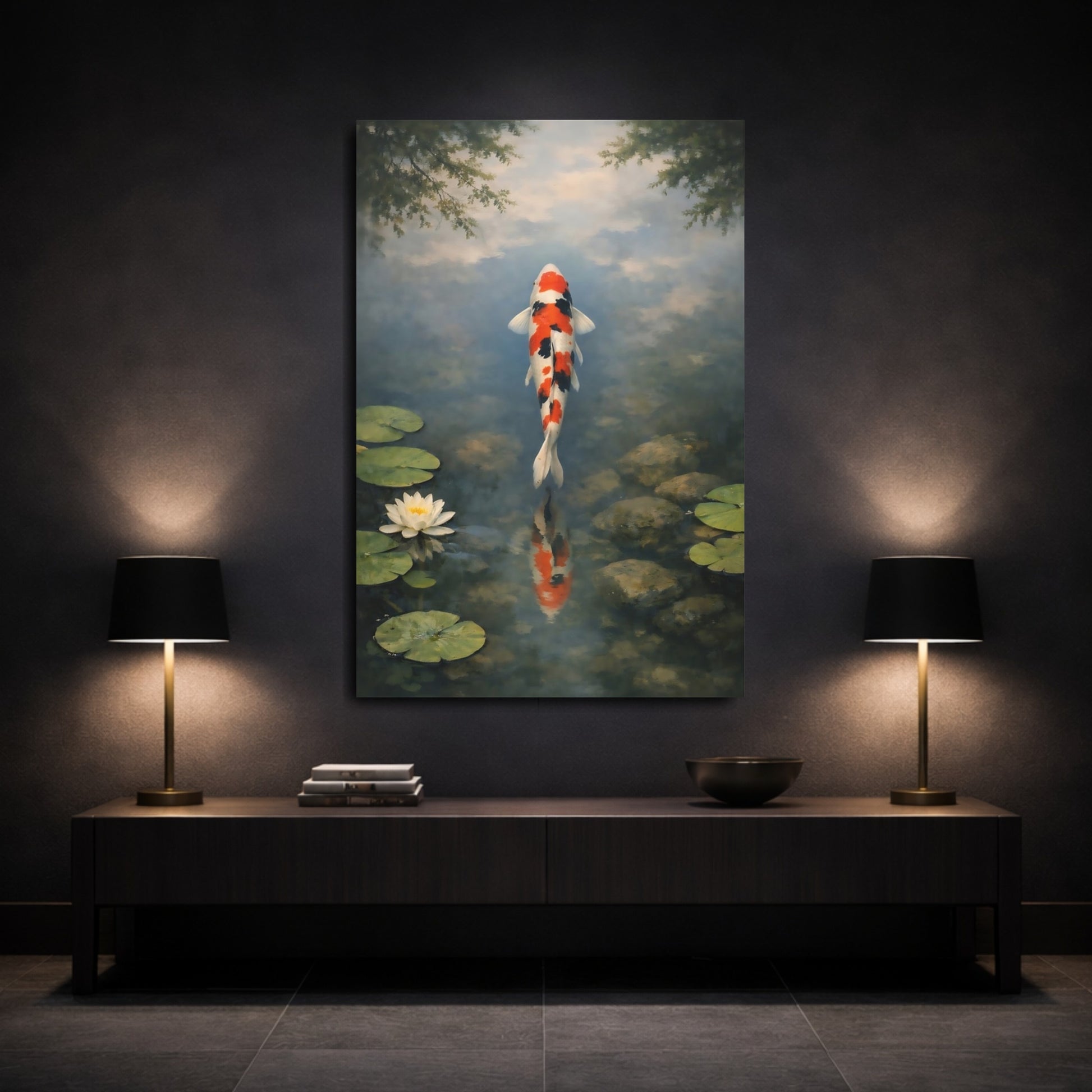 Mockup 2. Nature Koi Fish Orange Koi Pond shown as stretched canvas wall art