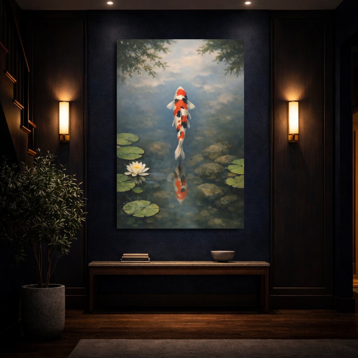Mockup 3. Nature Koi Fish Orange Koi Pond shown as stretched canvas wall art