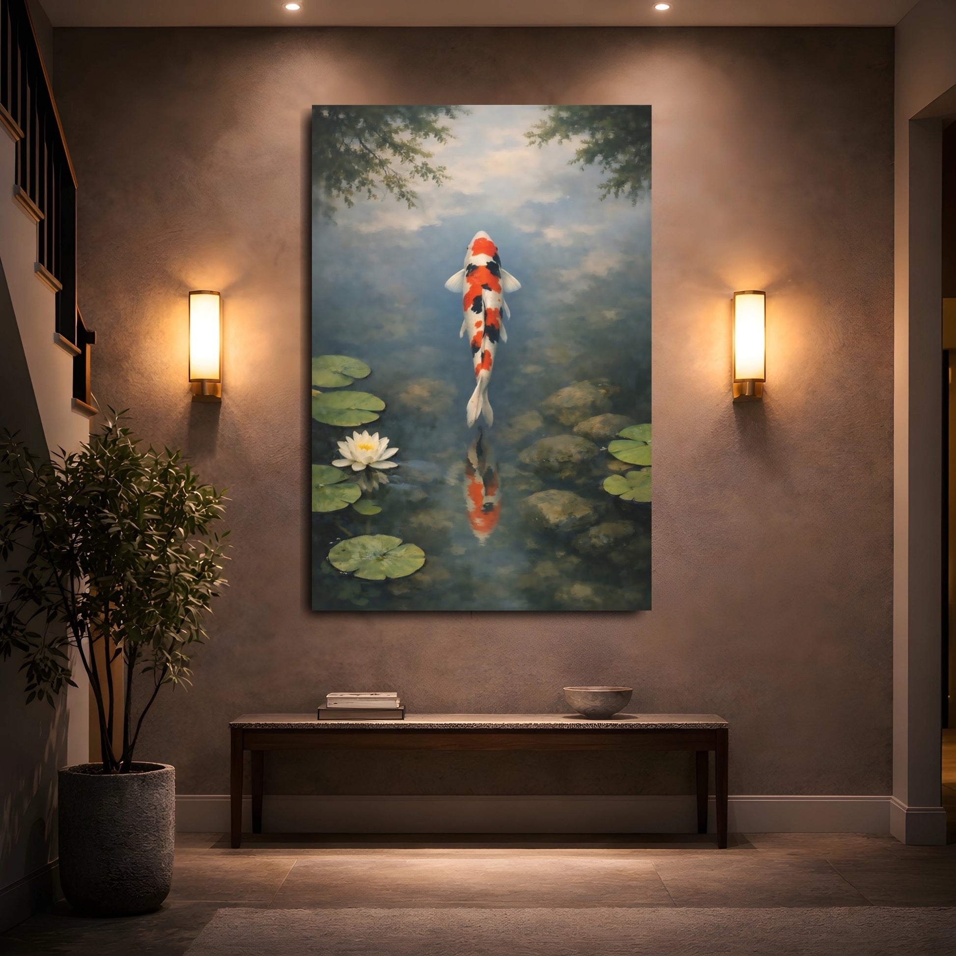 Mockup 4. Nature Koi Fish Orange Koi Pond shown as stretched canvas wall art