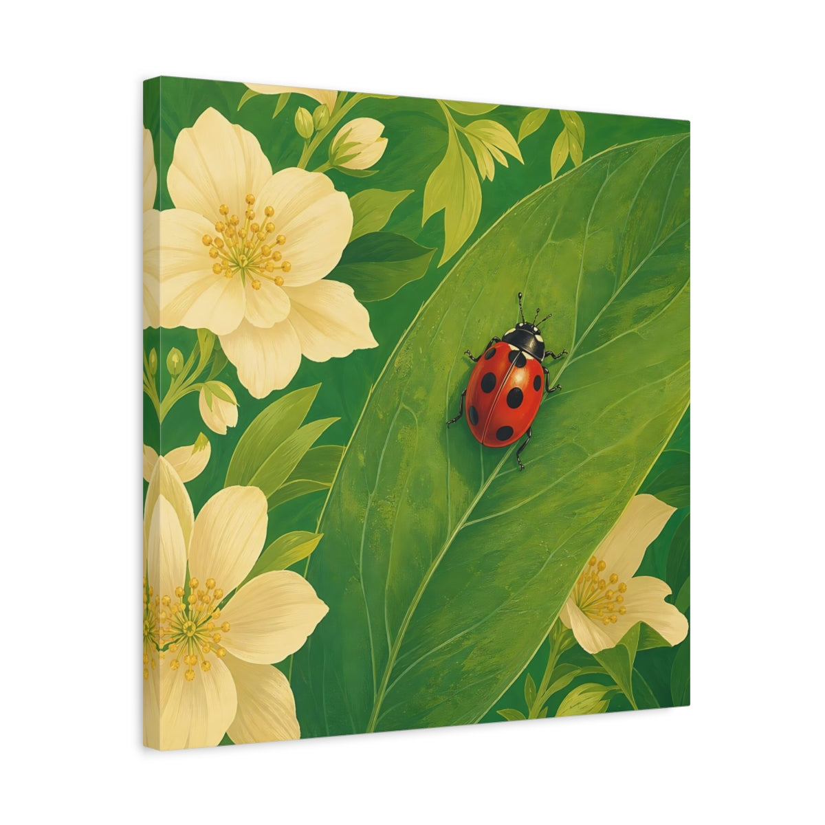 Side Mockup 5. Nature Ladybug Red Green Ladybug shown as stretched canvas wall art