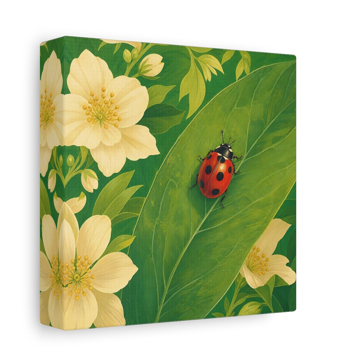 Side Mockup 2. Nature Ladybug Red Green Ladybug shown as stretched canvas wall art