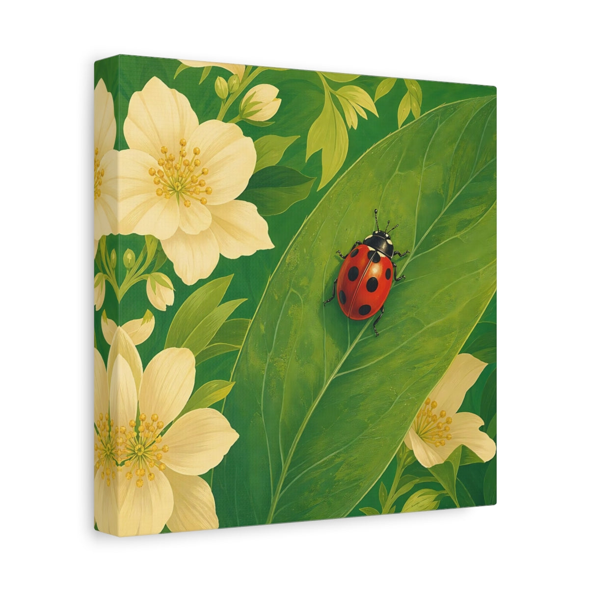 Side Mockup 9. Nature Ladybug Red Green Ladybug shown as stretched canvas wall art
