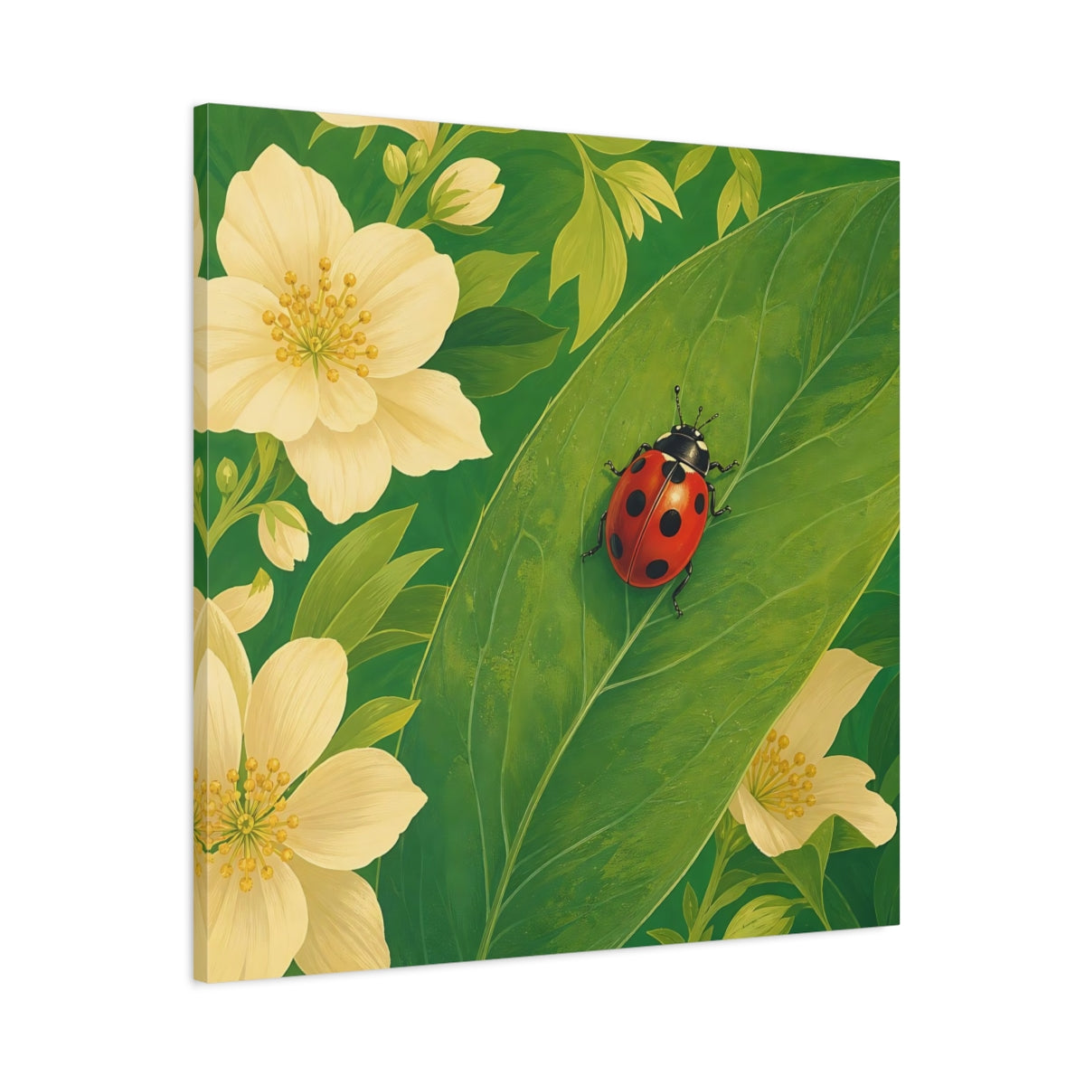 Main Mockup. Nature Ladybug Red Green Ladybug shown as stretched canvas wall art