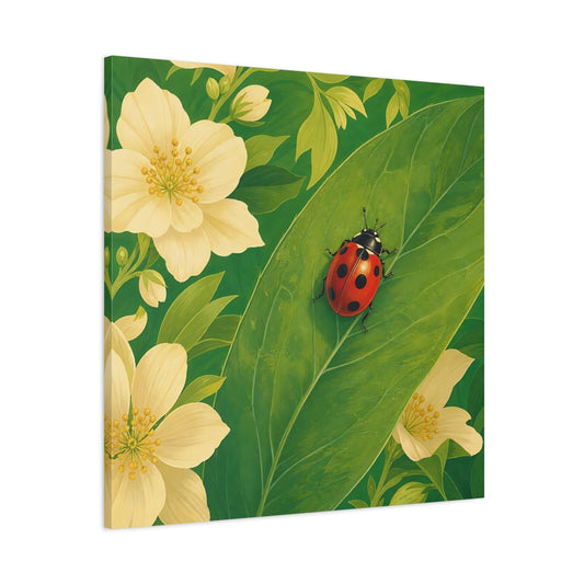Main Mockup. Nature Ladybug Red Green Ladybug shown as stretched canvas wall art