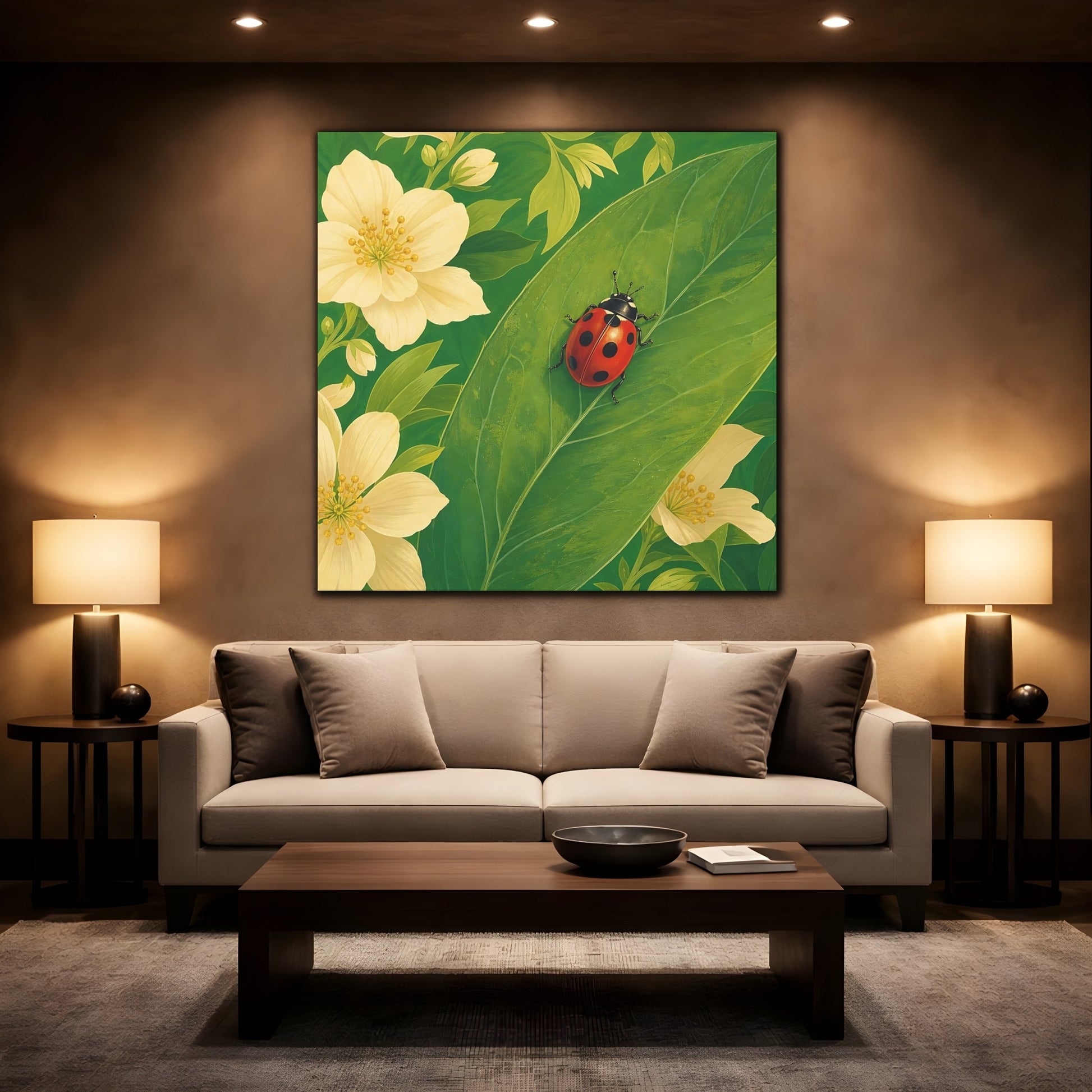 Mockup 2. Nature Ladybug Red Green Ladybug shown as stretched canvas wall art