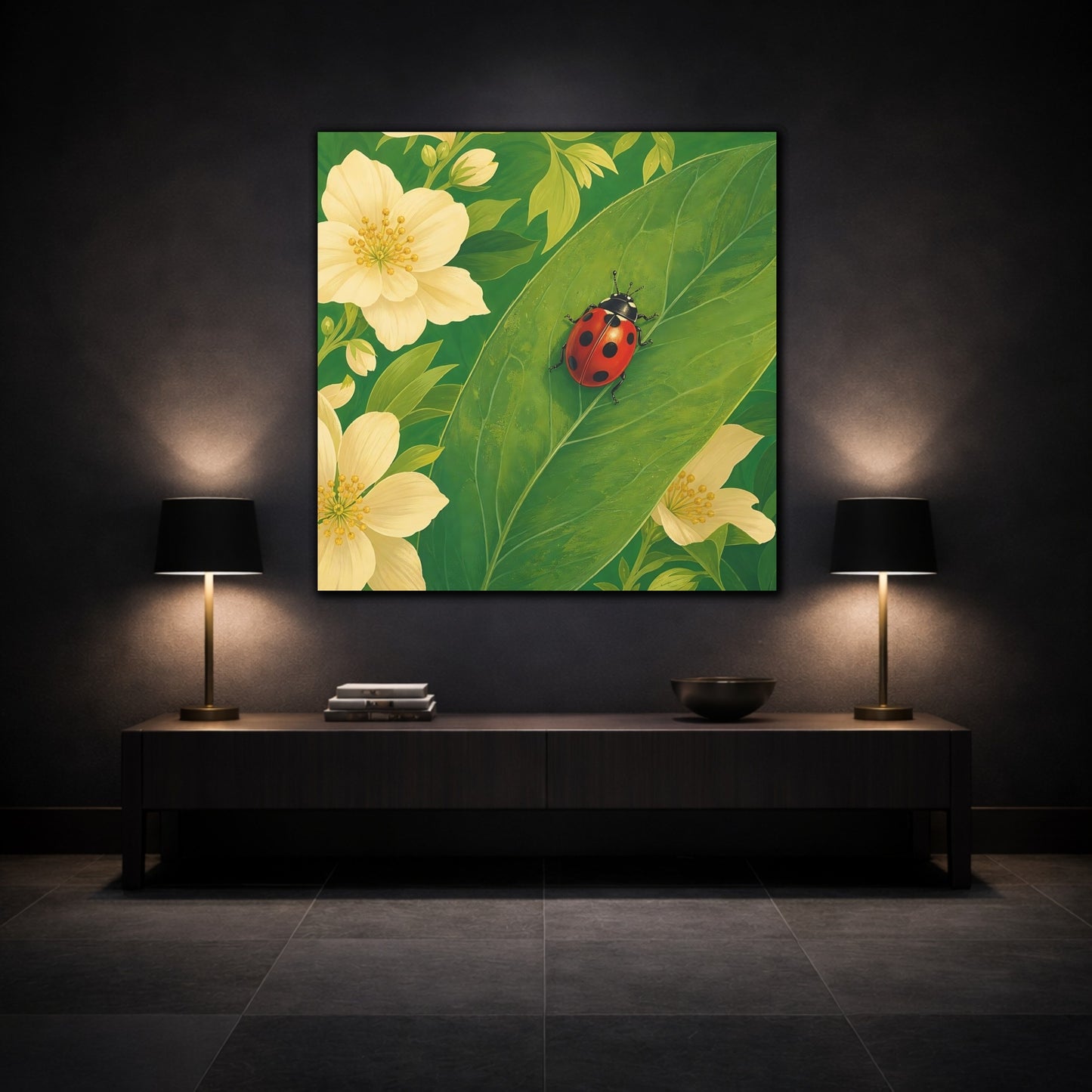 Mockup 3. Nature Ladybug Red Green Ladybug shown as stretched canvas wall art