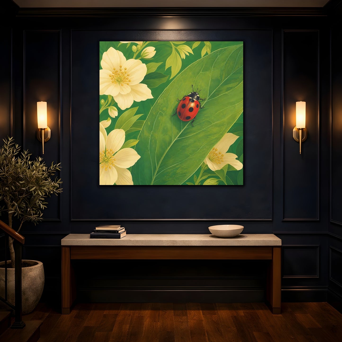 Mockup 4. Nature Ladybug Red Green Ladybug shown as stretched canvas wall art