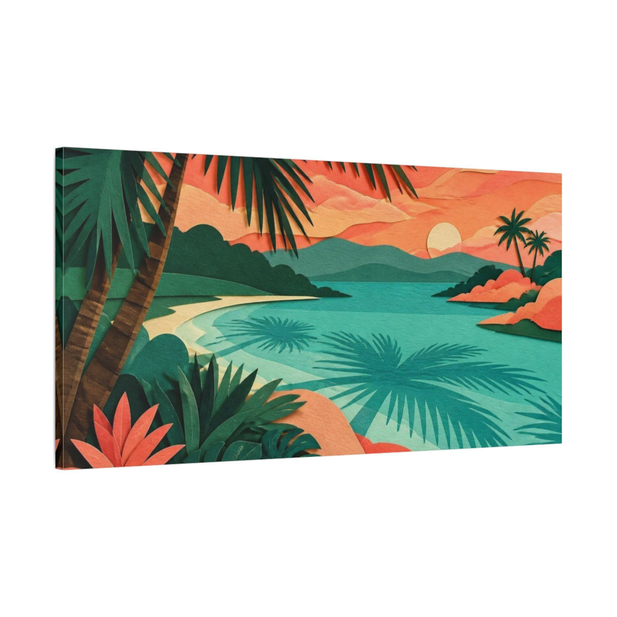 Main Mockup. Nature Lagoon Sunset shown as canvas print