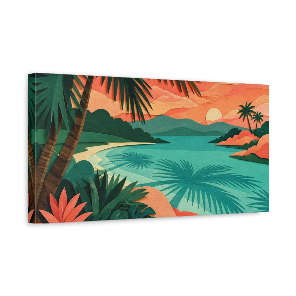 Side Mockup 3. Nature Lagoon Sunset shown as canvas print