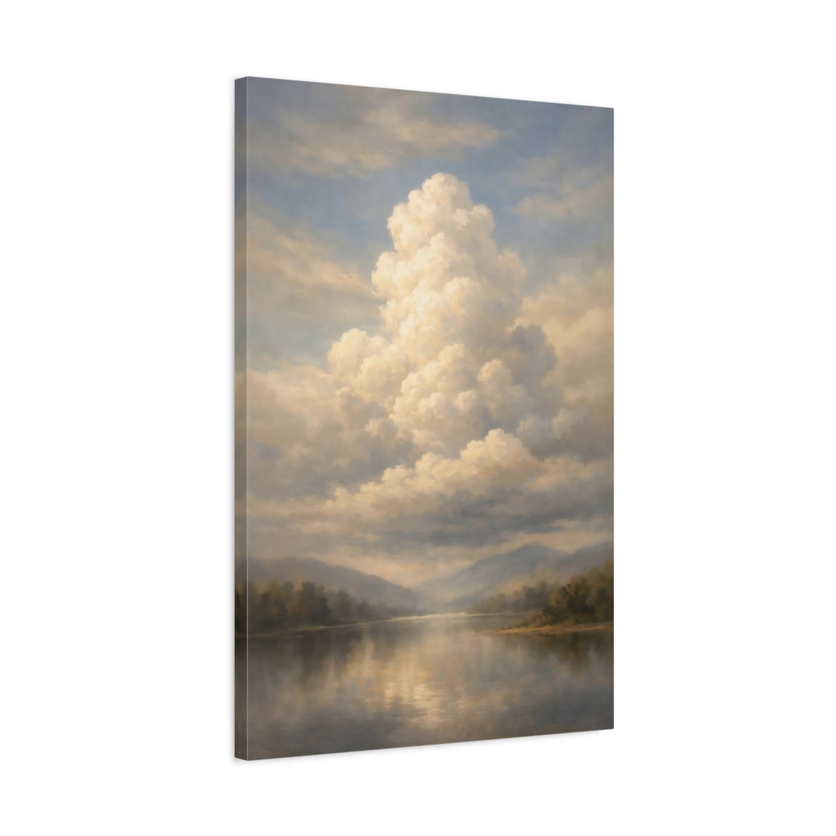 Side Mockup 2. Nature Lake And Clouds Muted Landscape shown as stretched canvas wall art