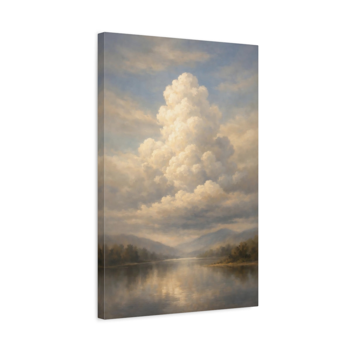 Side Mockup 3. Nature Lake And Clouds Muted Landscape shown as stretched canvas wall art