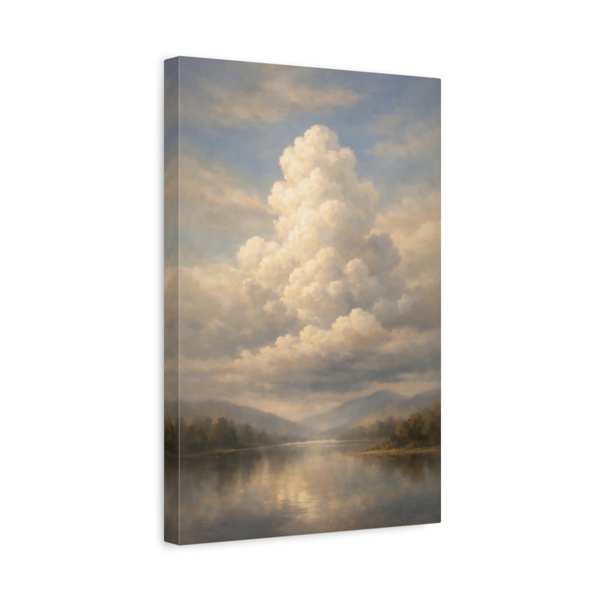 Side Mockup 4. Nature Lake And Clouds Muted Landscape shown as stretched canvas wall art