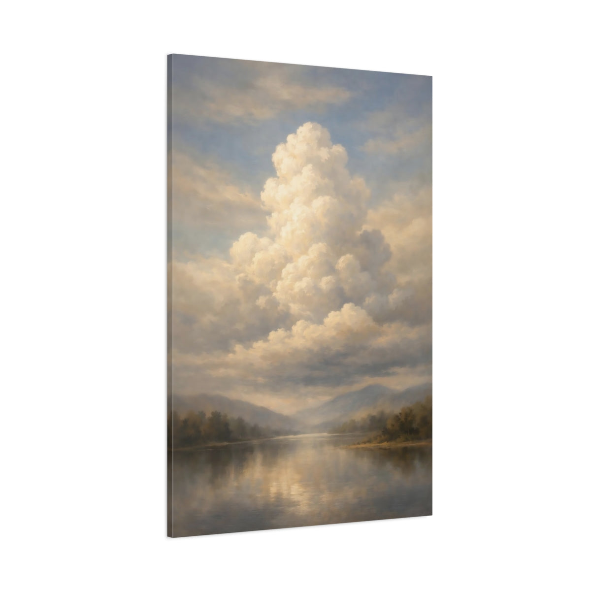 Main Mockup. Nature Lake And Clouds Muted Landscape shown as stretched canvas wall art