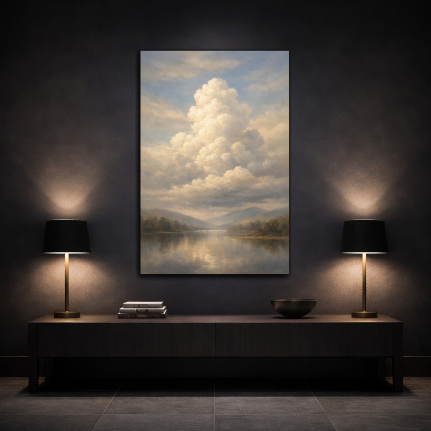 Mockup 2. Nature Lake And Clouds Muted Landscape shown as stretched canvas wall art