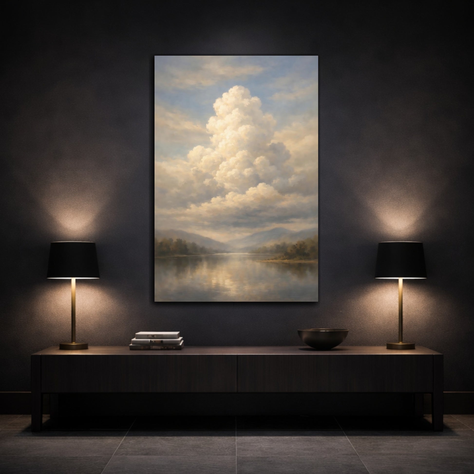Mockup 2. Nature Lake And Clouds Muted Landscape shown as stretched canvas wall art