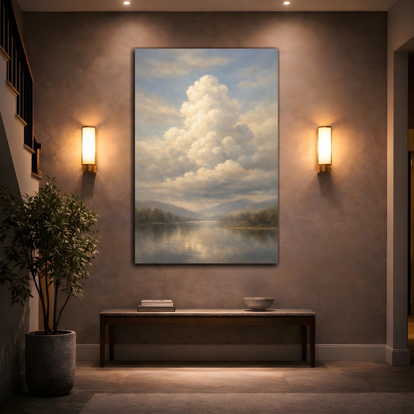 Mockup 3. Nature Lake And Clouds Muted Landscape shown as stretched canvas wall art