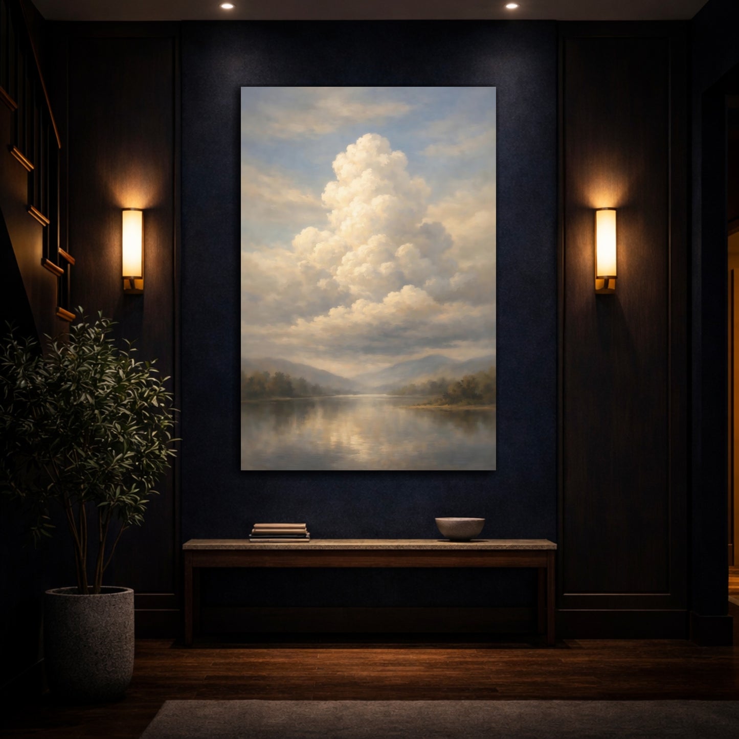Mockup 4. Nature Lake And Clouds Muted Landscape shown as stretched canvas wall art
