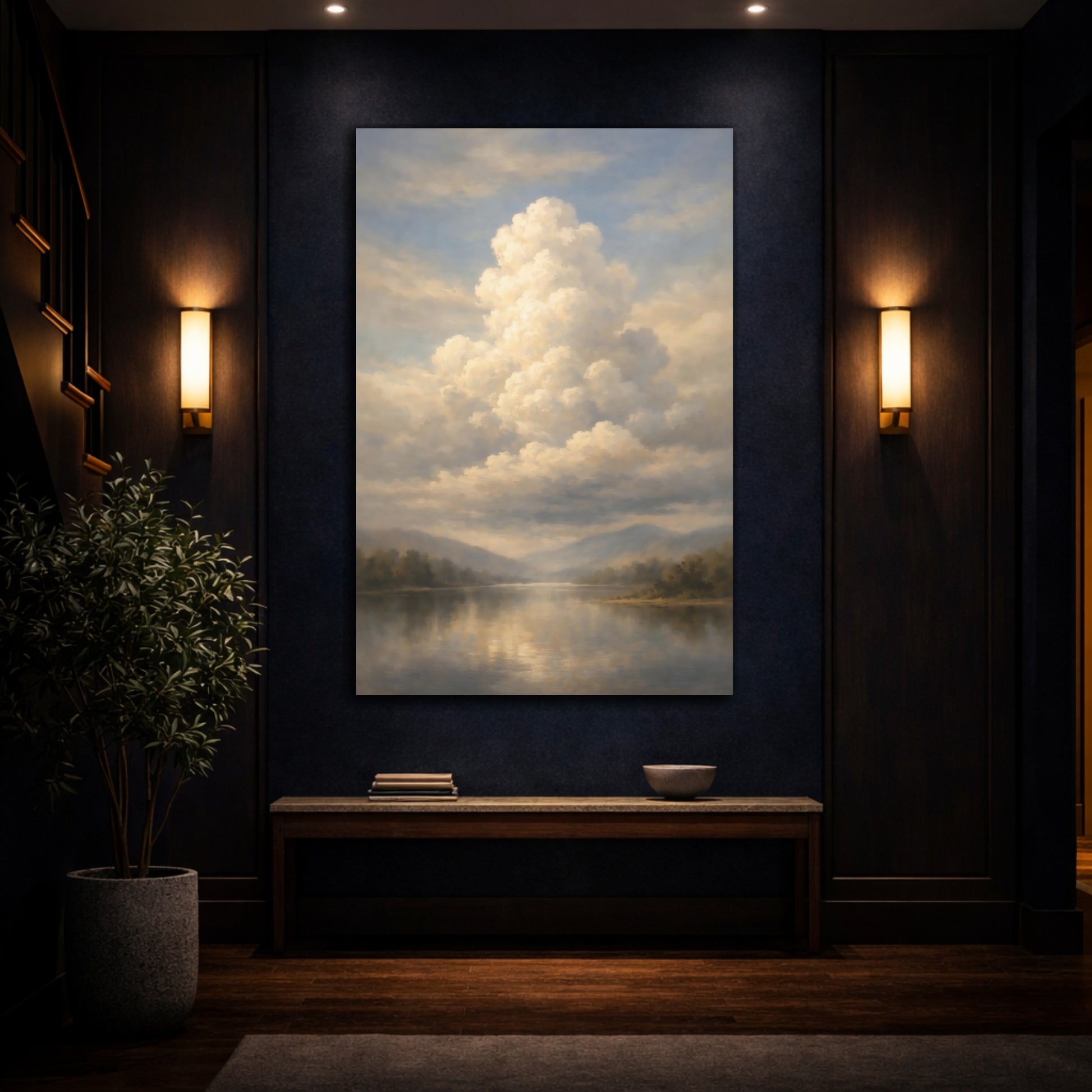 Mockup 4. Nature Lake And Clouds Muted Landscape shown as stretched canvas wall art