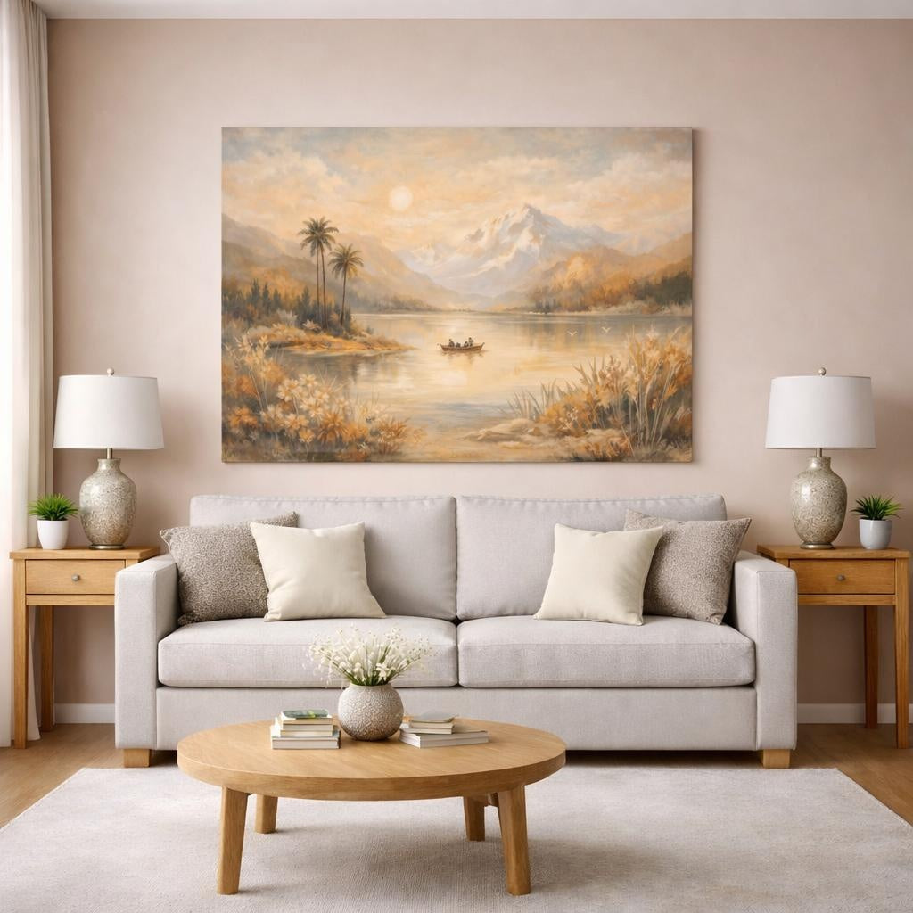Nature Lake And Mountains Golden Landscape shown as canvas wall art in a modern living room