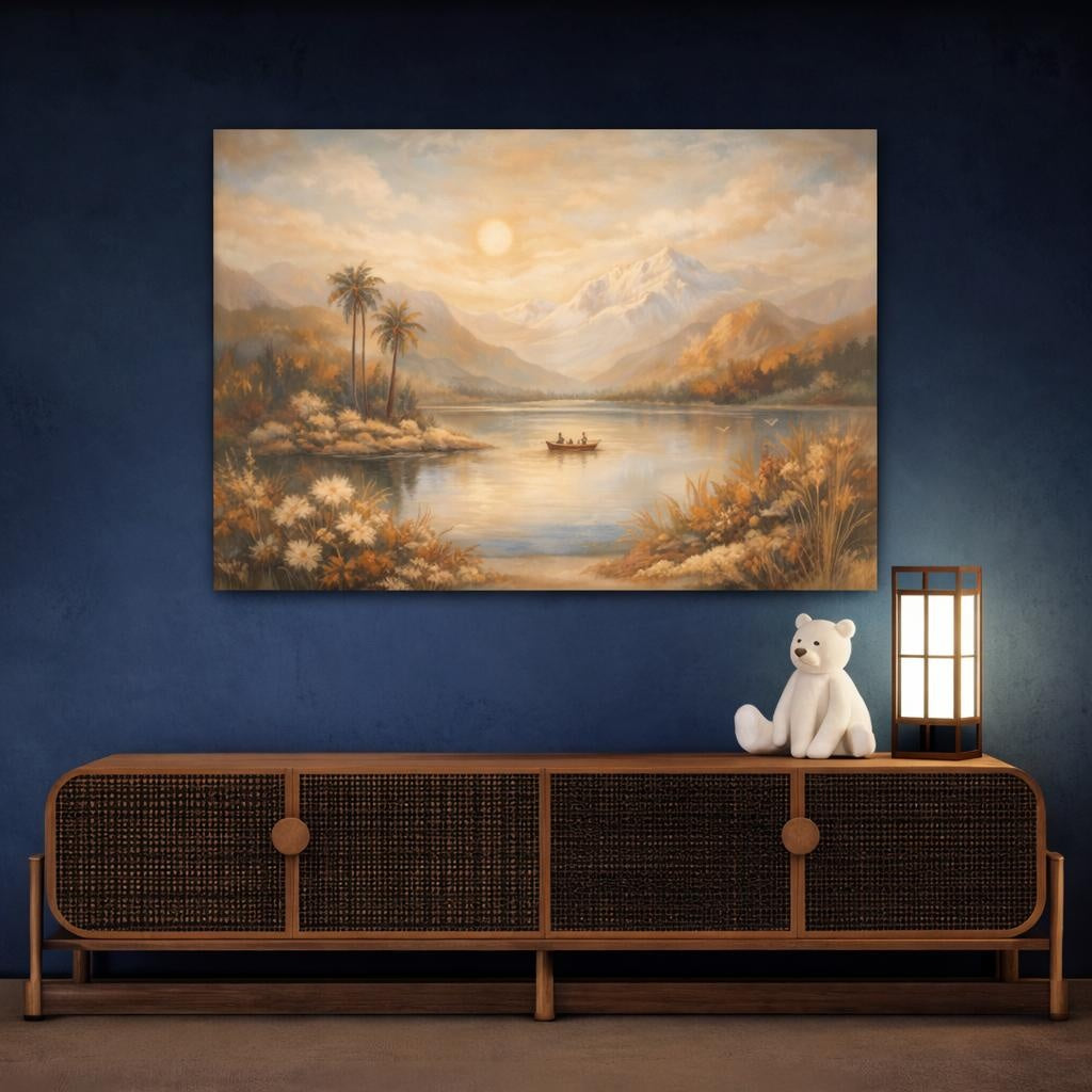 Nature Lake And Mountains Golden Landscape shown as canvas wall art in a sophisticated contemporary living space