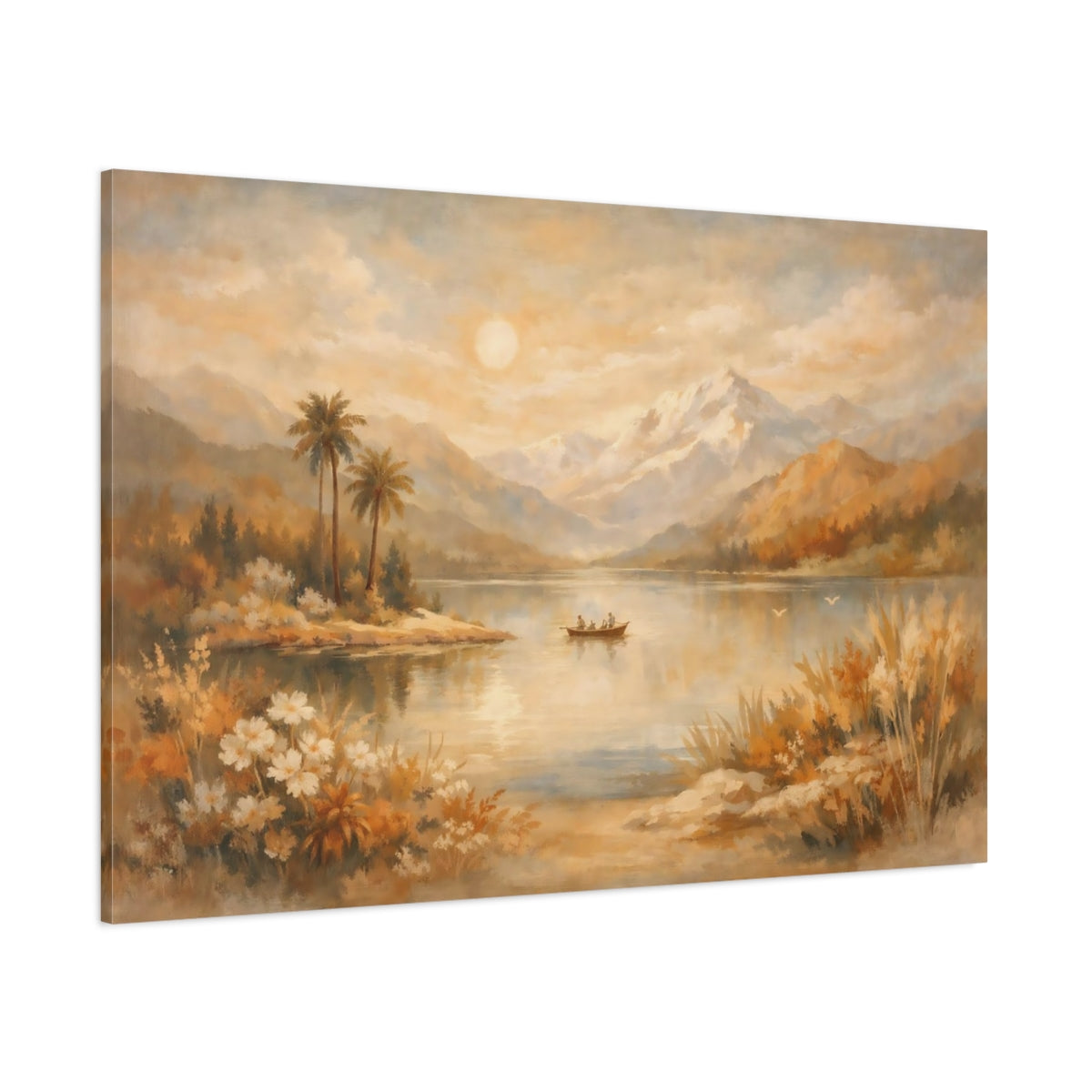 Nature Lake And Mountains Golden Landscape shown as stretched canvas wall art