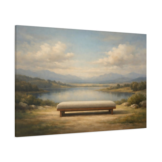 Main Mockup. Nature Lake Bench Blue Green Landscape shown as stretched canvas wall art