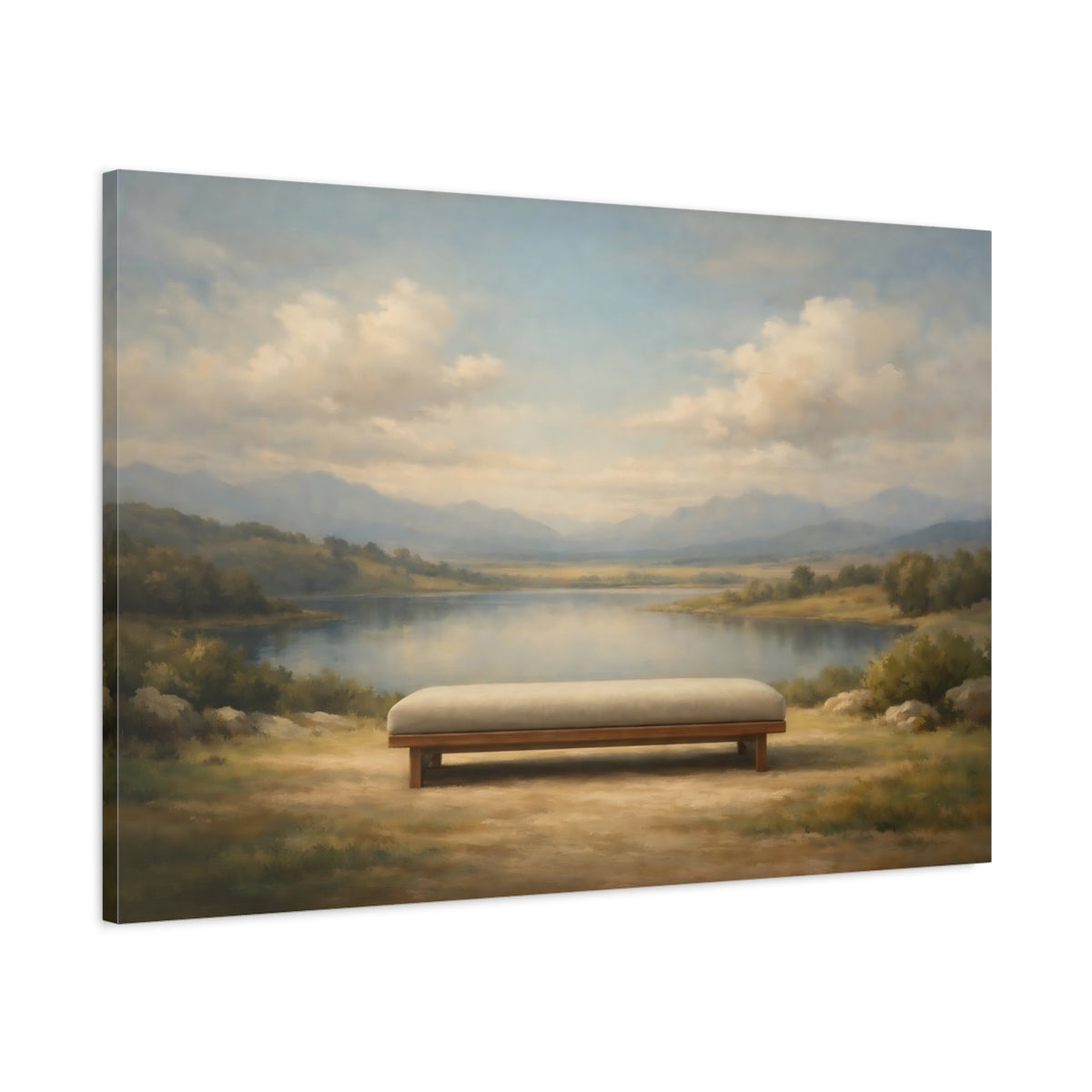 Side Mockup 1. Nature Lake Bench Blue Green Landscape shown as stretched canvas wall art