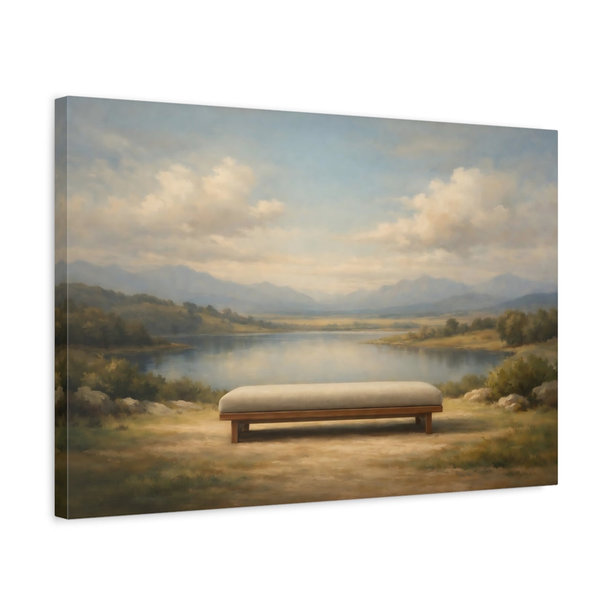 Side Mockup 3. Nature Lake Bench Blue Green Landscape shown as stretched canvas wall art