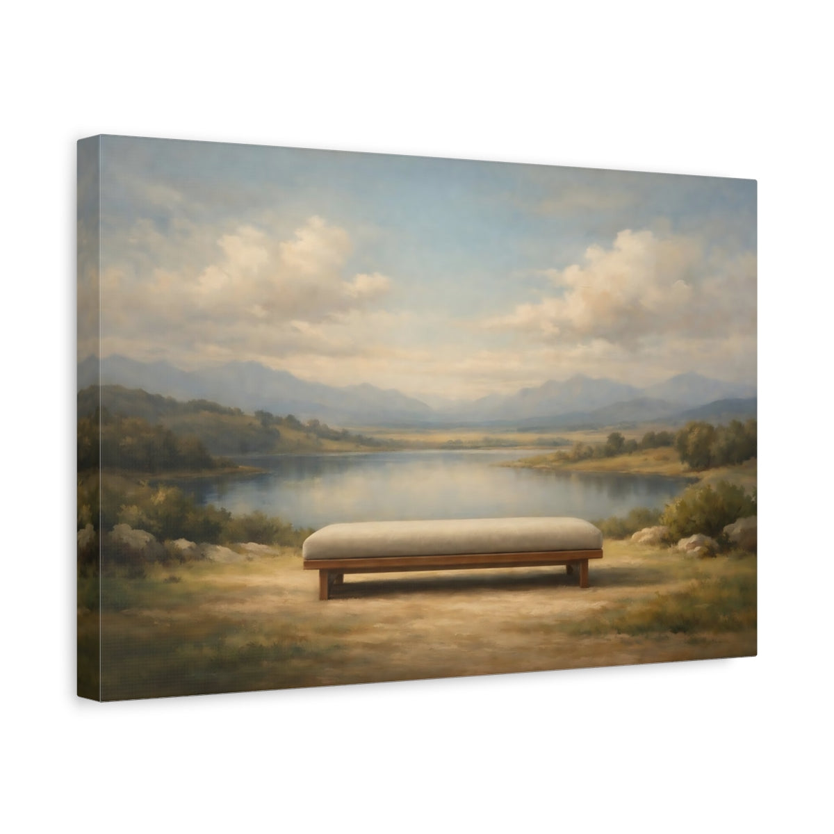 Side Mockup 4. Nature Lake Bench Blue Green Landscape shown as stretched canvas wall art