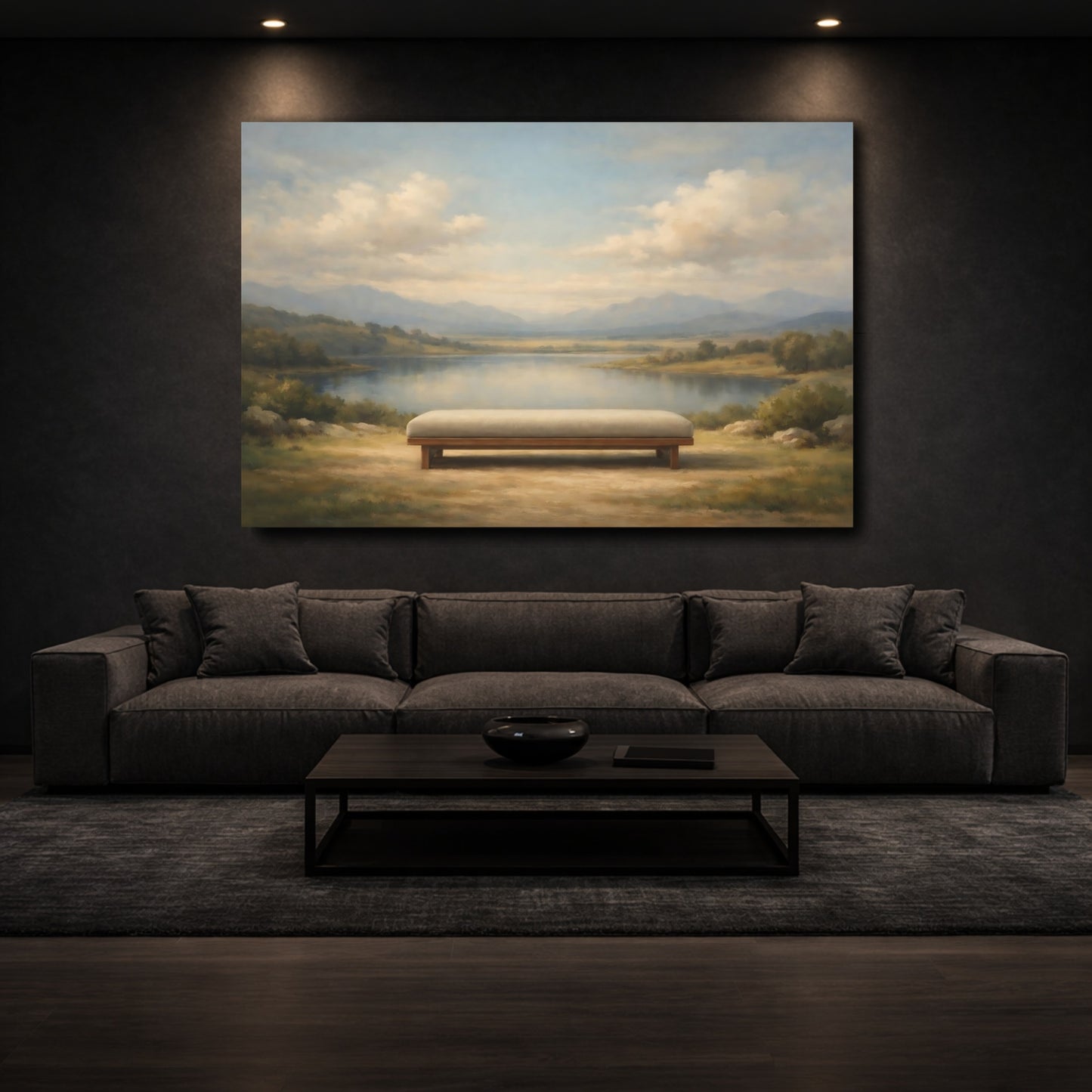 Mockup 2. Nature Lake Bench Blue Green Landscape shown as stretched canvas wall art