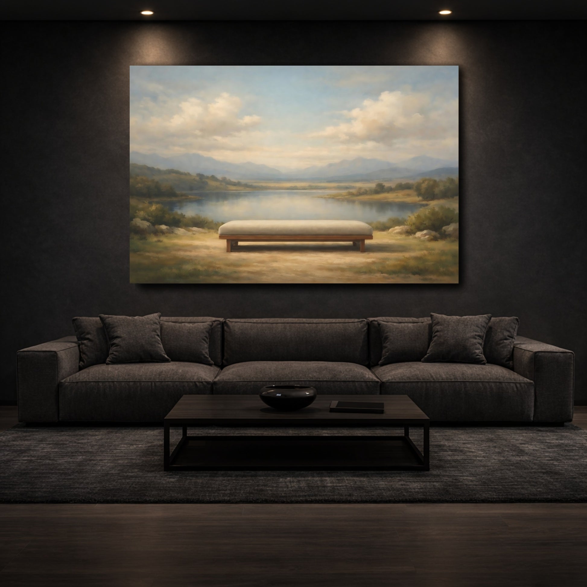 Mockup 2. Nature Lake Bench Blue Green Landscape shown as stretched canvas wall art