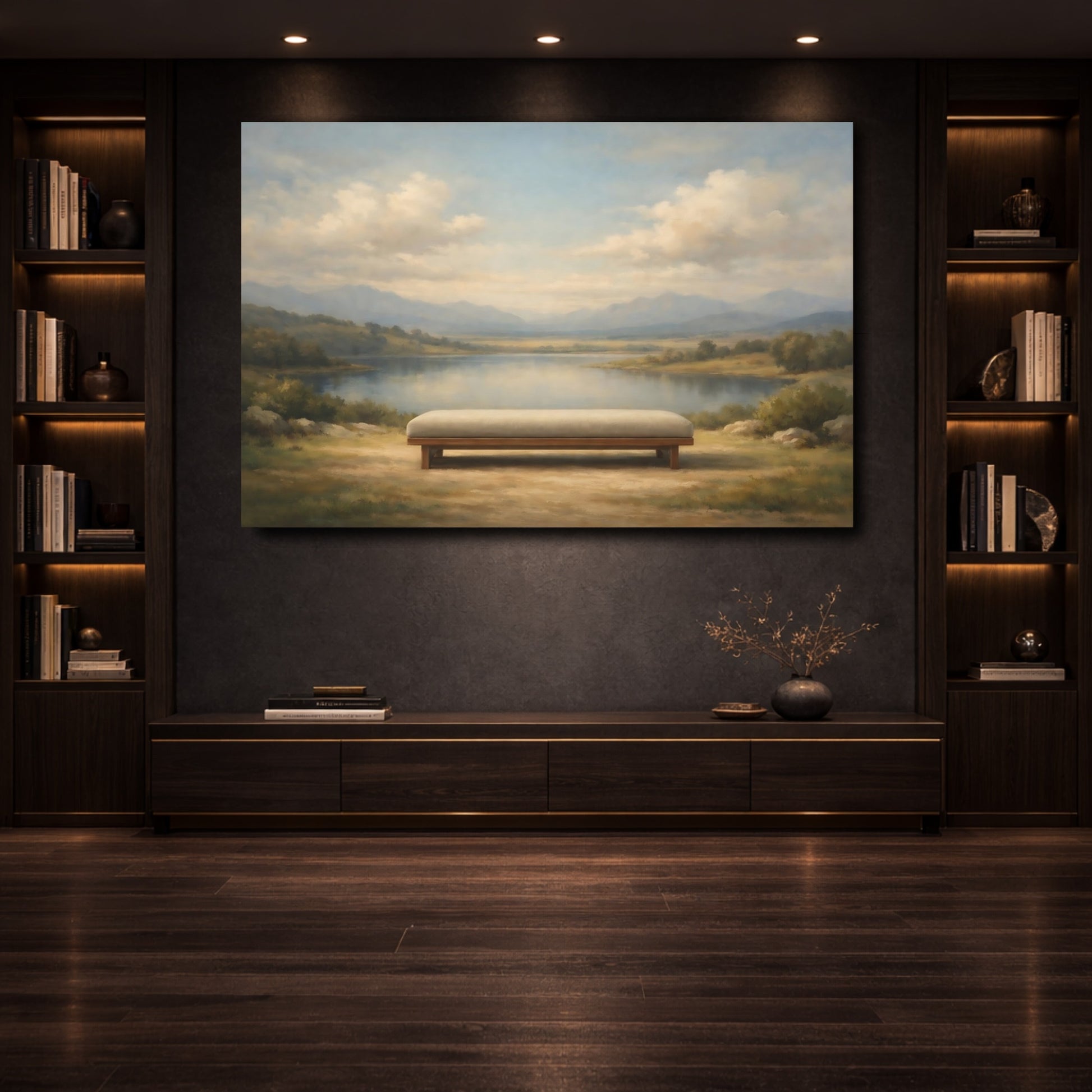 Mockup 3. Nature Lake Bench Blue Green Landscape shown as stretched canvas wall art