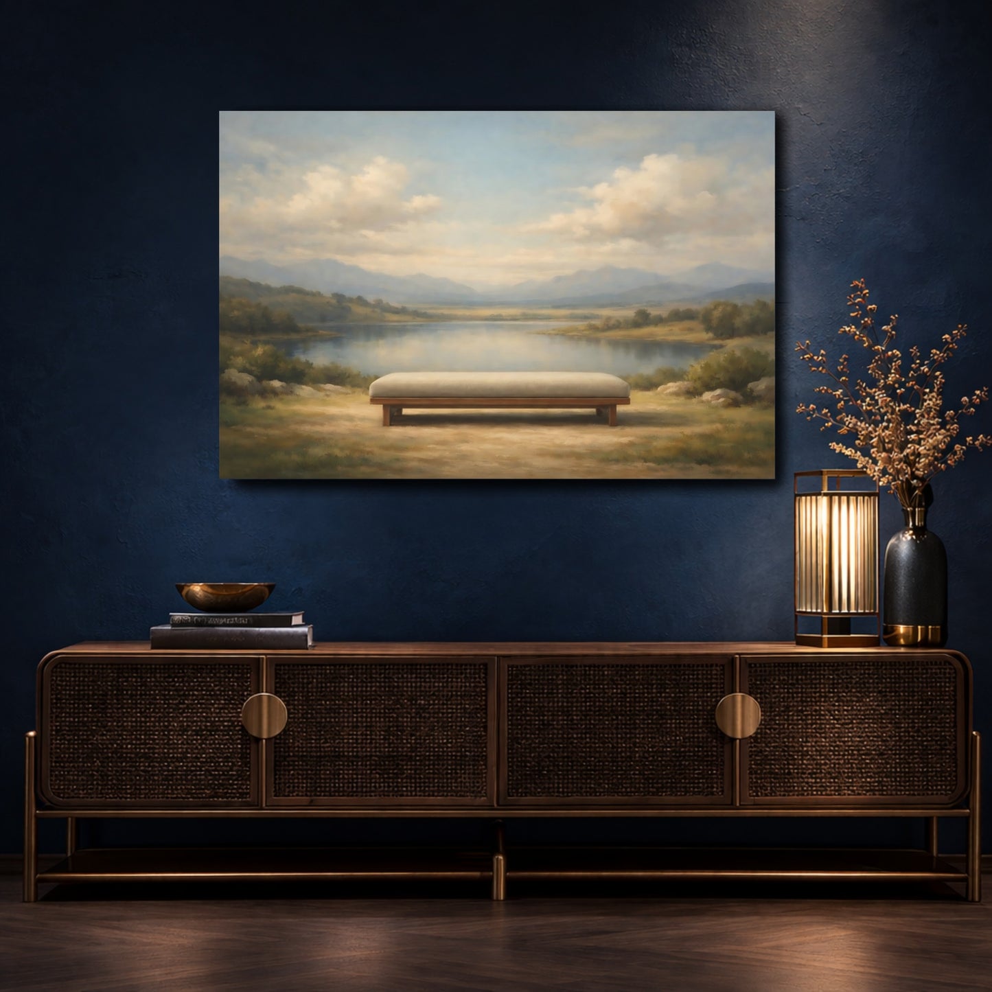 Mockup 4. Nature Lake Bench Blue Green Landscape shown as stretched canvas wall art